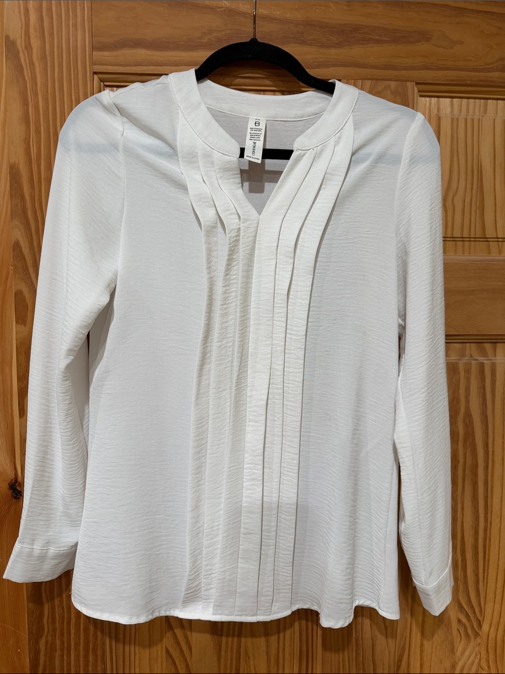 White Pleated Front Long-Sleeve Women’s Top